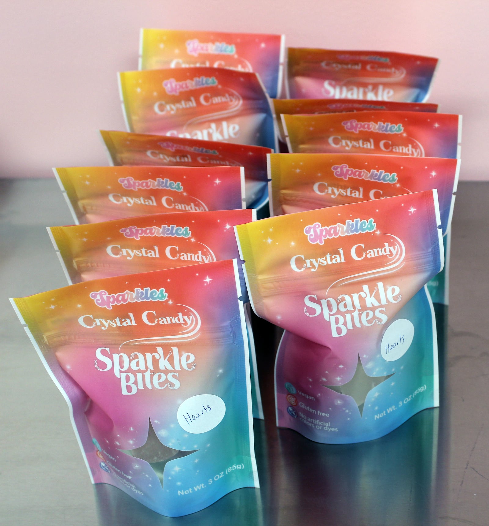 Stephanie Walker packages a variety of her crystal candy in small packages, called Sparkle Bites. SUE KIESEWETTER/CONTRIBUTED