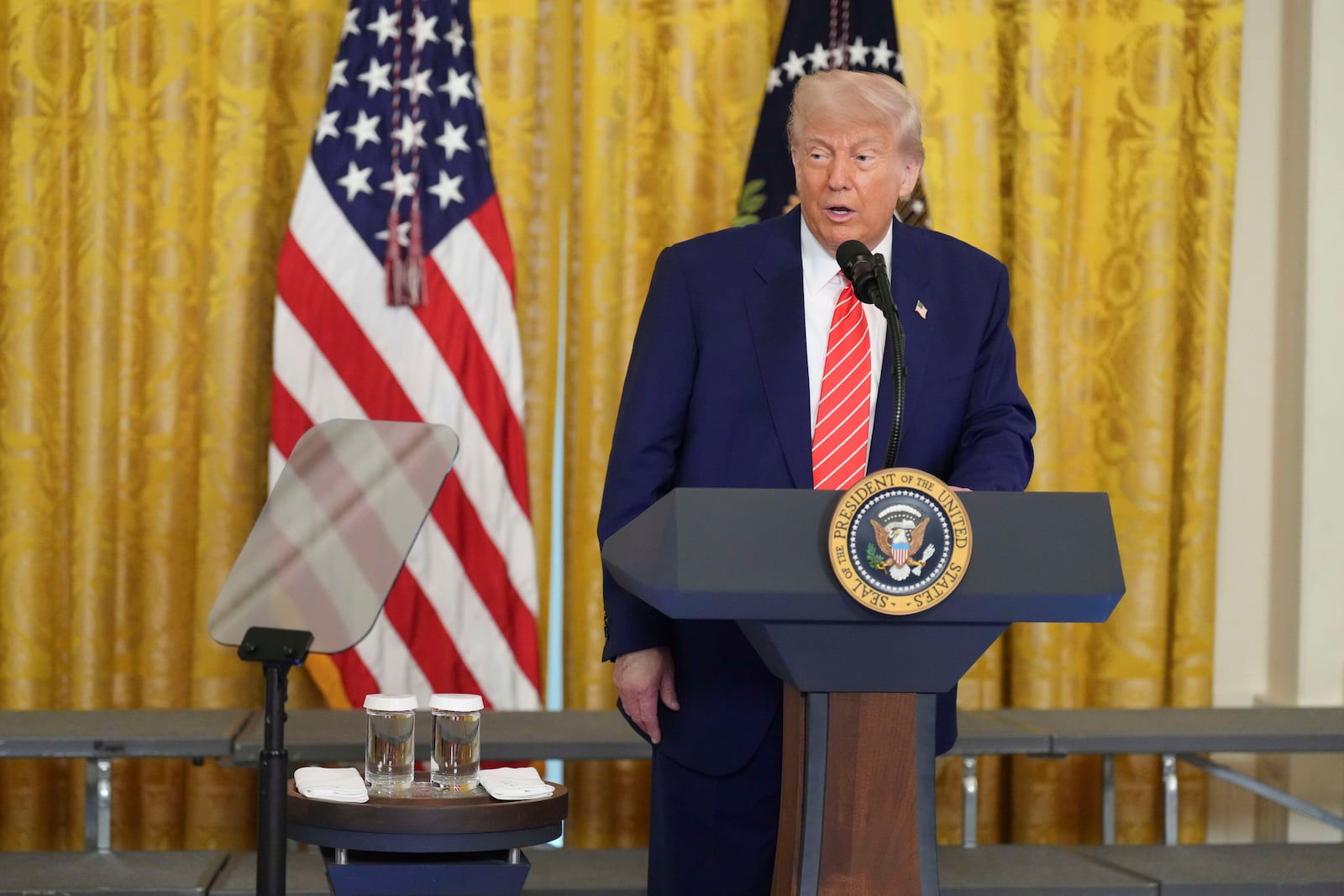 President Donald Trump speaks at an event for Military Mothers, Thursday, May 8, 2025, in the East Room of the White House in Washington. (AP Photo/Jacquelyn Martin)