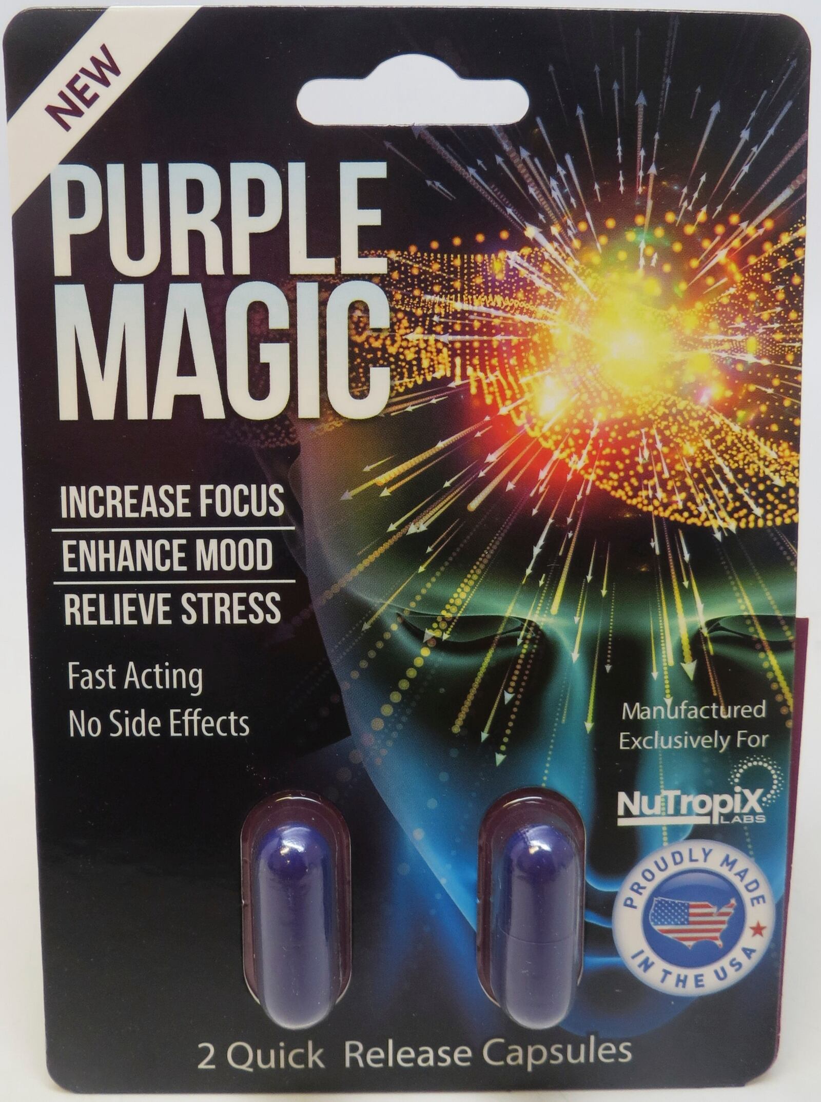 This photo provided by the FDA in January 2024 shows capsules of Purple Magic, a product labeled to contain tianeptine. (FDA Office of Regulatory Affairs, Health Fraud Branch via AP)