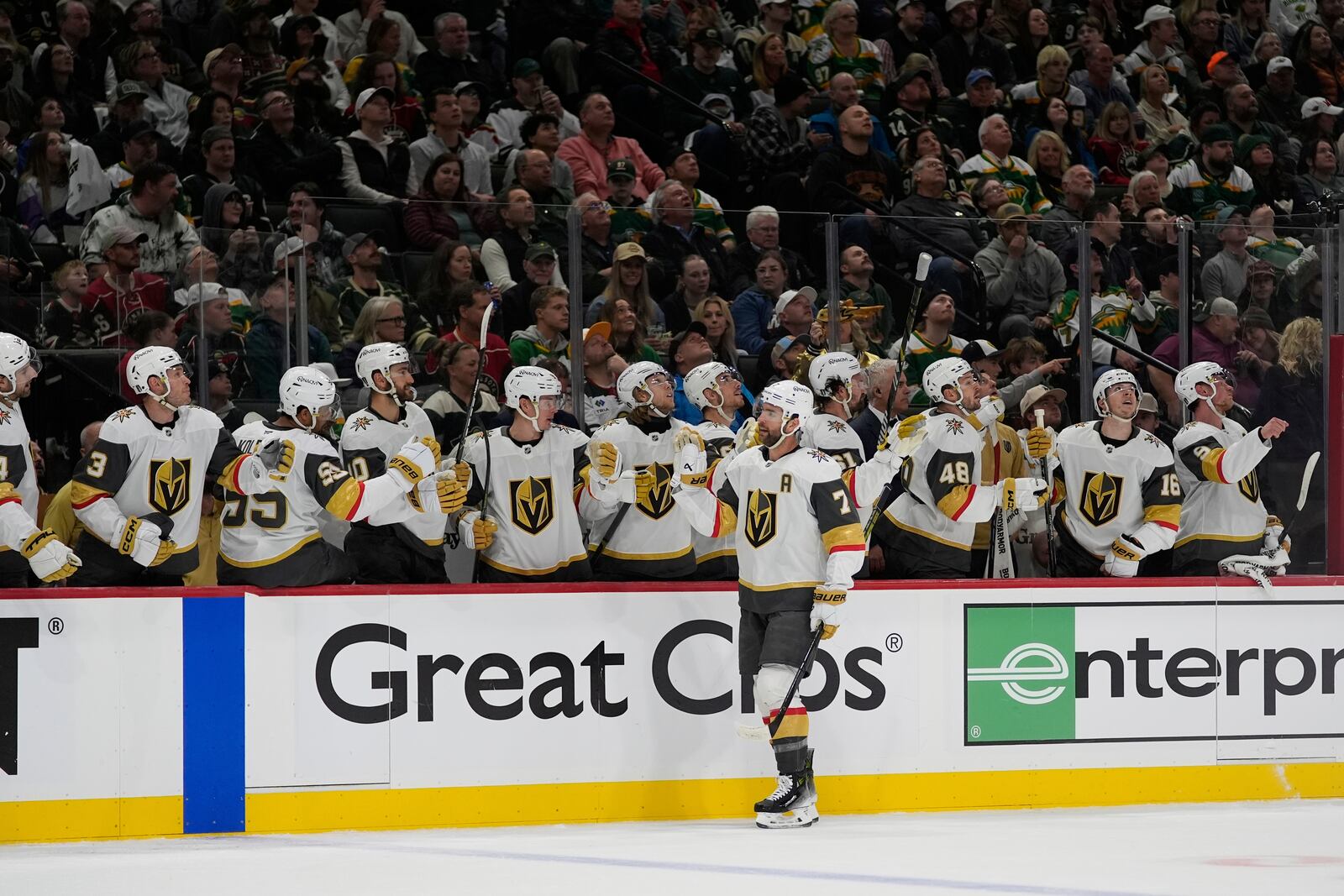 Vegas Golden Knights defenseman Alex Pietrangelo (7) celebrates after scoring during the first period of Game 3 of a first-round NHL hockey playoff series against the Minnesota Wild, Thursday, April 24, 2025, in St. Paul, Minn. (AP Photo/Abbie Parr)
