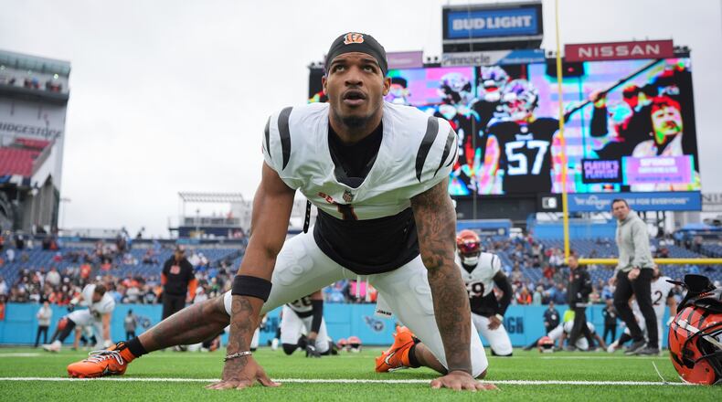 Cincinnati Bengals wide receiver Ja'Marr Chase warms up before an NFL football game against the Tennessee Titans, Sunday, Dec. 15, 2024, in Nashville, Tenn. (AP Photo/George Walker IV)