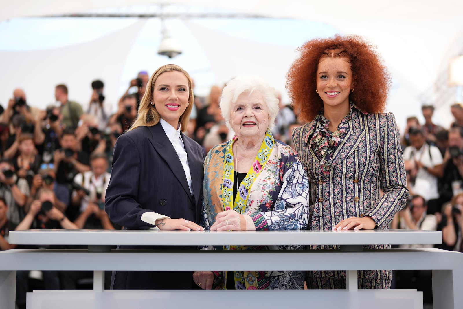 Director Scarlett Johansson, from left, June Squibb and Erin Kellyman pose for photographers at the photo call for the film 'Eleanor the Great' at the 78th international film festival, Cannes, southern France, Wednesday, May 21, 2025. (Photo by Scott A Garfitt/Invision/AP)