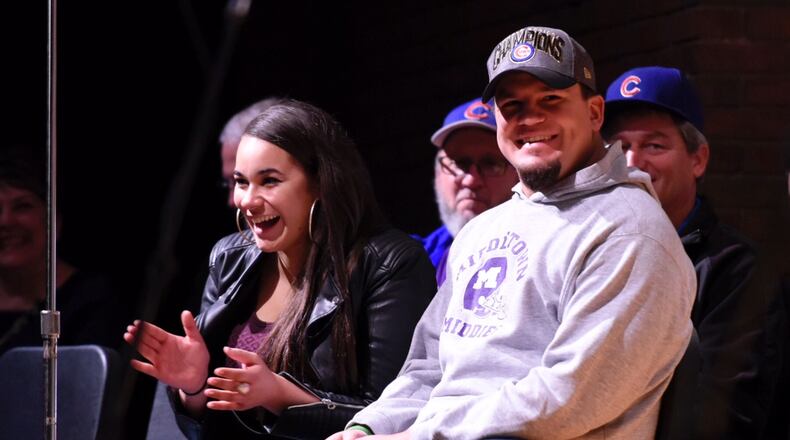Kyle Schwarber, a Middletown native and member of the 2016 World Series champion Chicago Cubs, met with Middletown High School students Tuesday, Nov. 22. NICK GRAHAM/STAFF