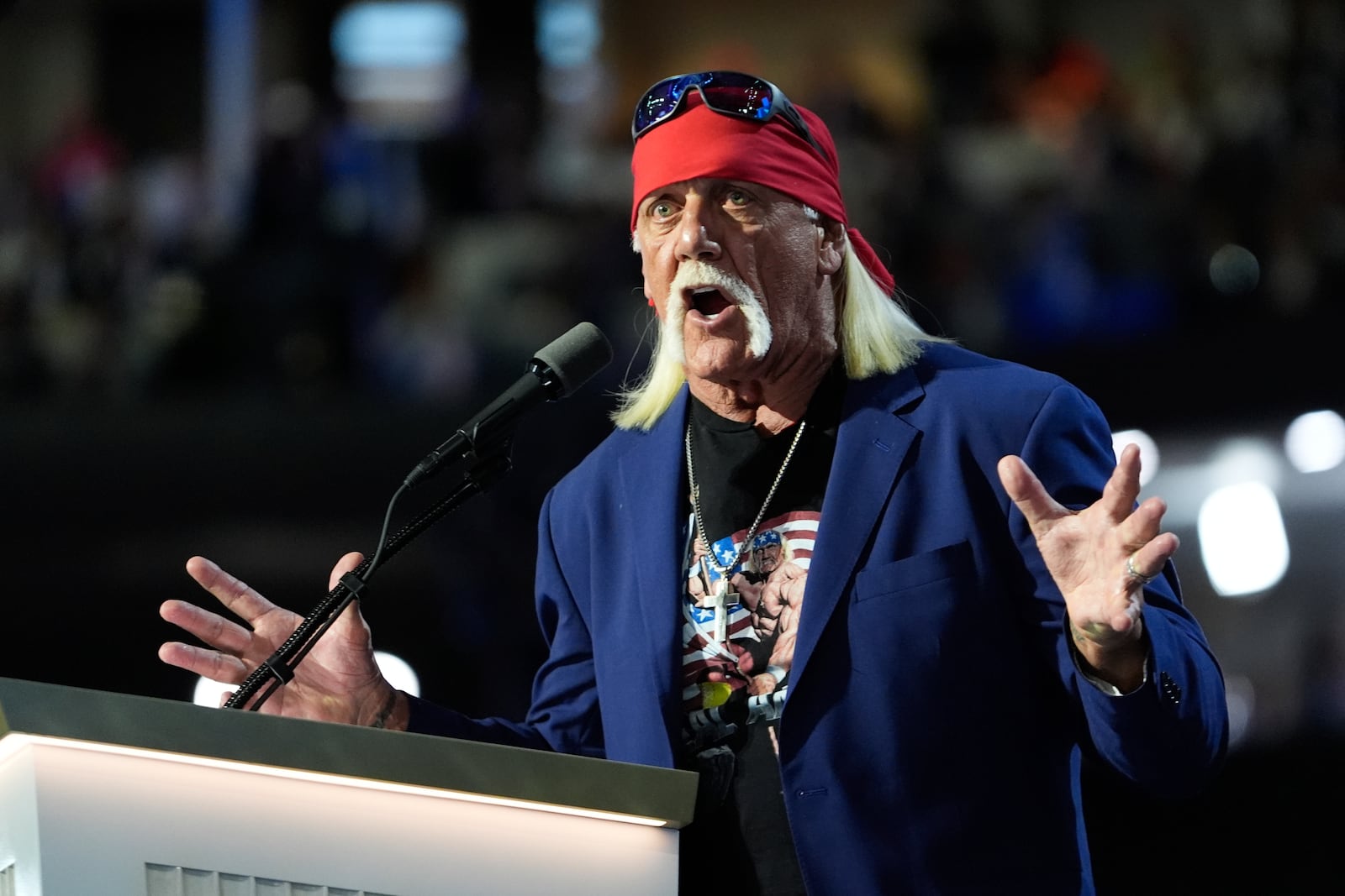 FILE - Professional wrestler Hulk Hogan speaks during the final day of the Republican National Convention Thursday, July 18, 2024, in Milwaukee. (AP Photo/Paul Sancya, File)