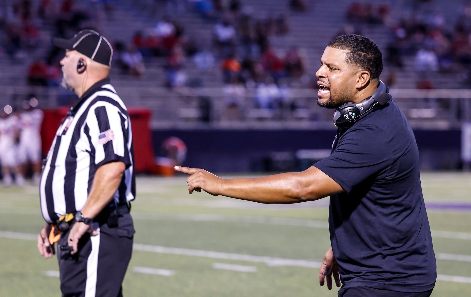 Middletown head coach Kali Jones talks to his team during their football game against Lakota West Friday, Sept. 20, 2024 at Barnitz Stadium in Middletown. Lakota West defeated Middletown 51-7. NICK GRAHAM/STAFF