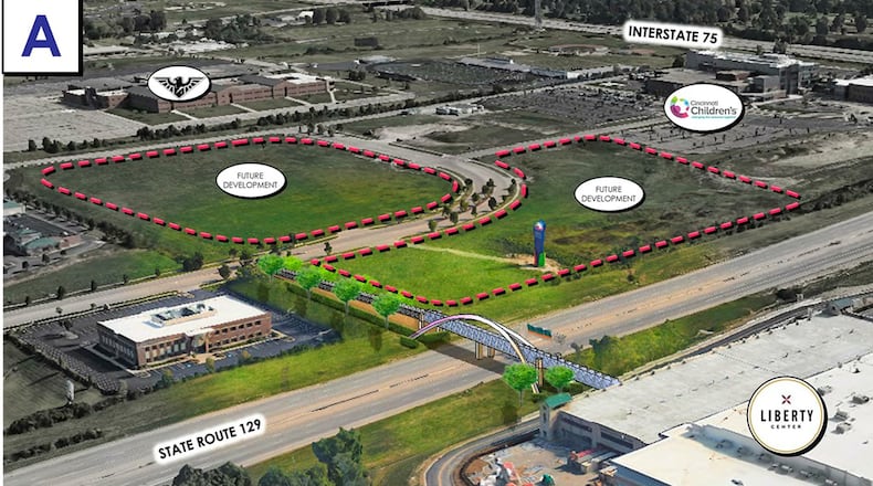 Liberty Twp. commissioned a feasibility study to ascertain whether it makes sense to make their commercial area more pedestrian friendly. Pictured here is a pedestrian bridge that could go from Cincinnati Children’s Hospital over Ohio 129 to Liberty Center.