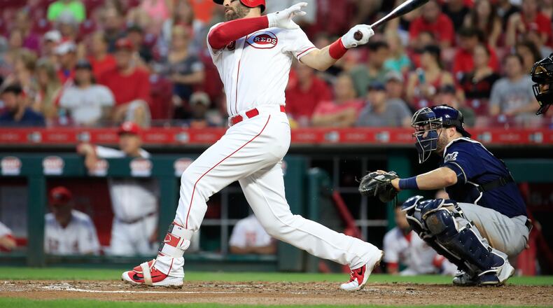 CINCINNATI, OH - AUGUST 29:  Curt Casali #38 of the Cincinnati Reds hits a RBI double in the second inning against the Milwaukee Brewers at Great American Ball Park on August 29, 2018 in Cincinnati, Ohio.  (Photo by Andy Lyons/Getty Images)