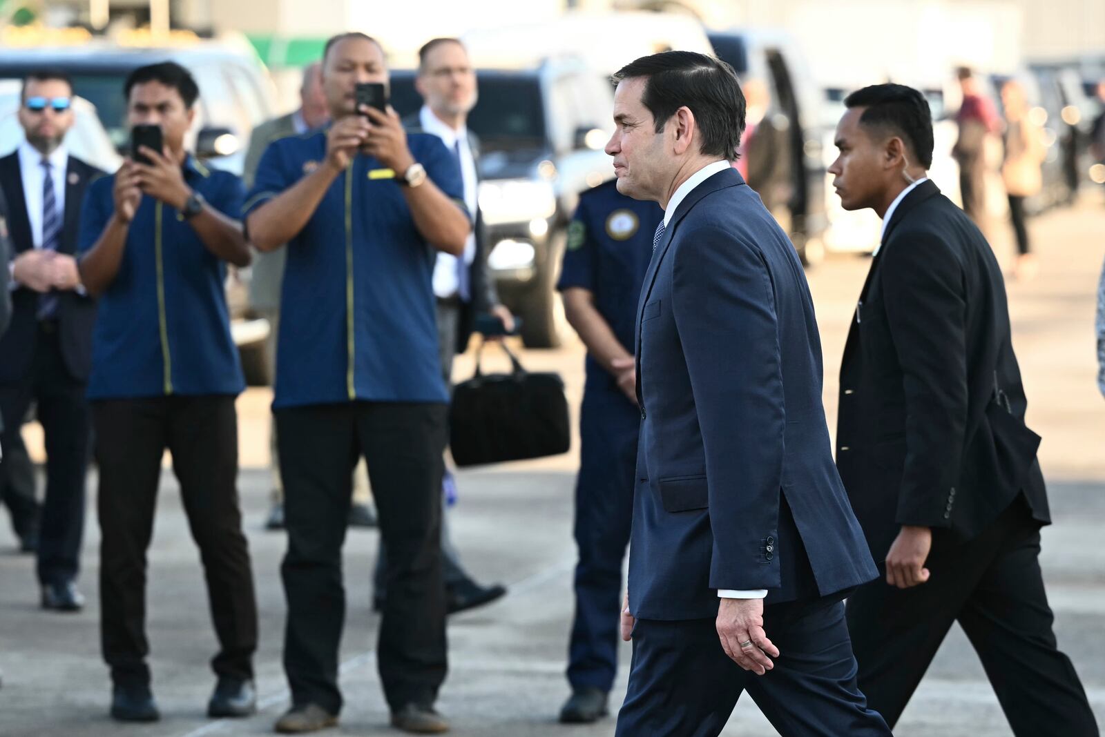 U.S. Secretary of State Marco Rubio, front, arrives at Subang Air Base, outside of Kuala Lumpur Thursday, July 10, 2025. Rubio arrived in Malaysia to attend the ASEAN Foreign Ministers' Meeting. (Mandel Ngan/Pool Photo via AP)