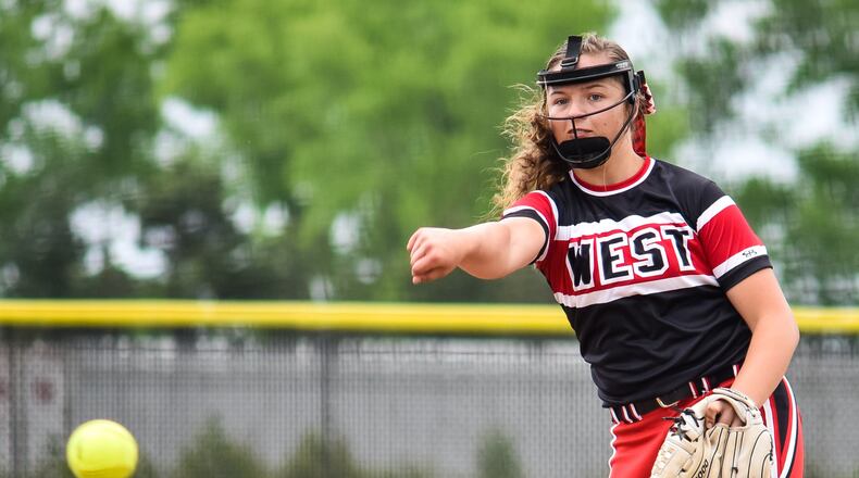 Lakota West's KK Mathis pitches during their Division I district championship softball game against Fairfield Friday, May 17, 2019 at Lakota East High School in Liberty Township. Lakota West won 8-2. NICK GRAHAM/STAFF