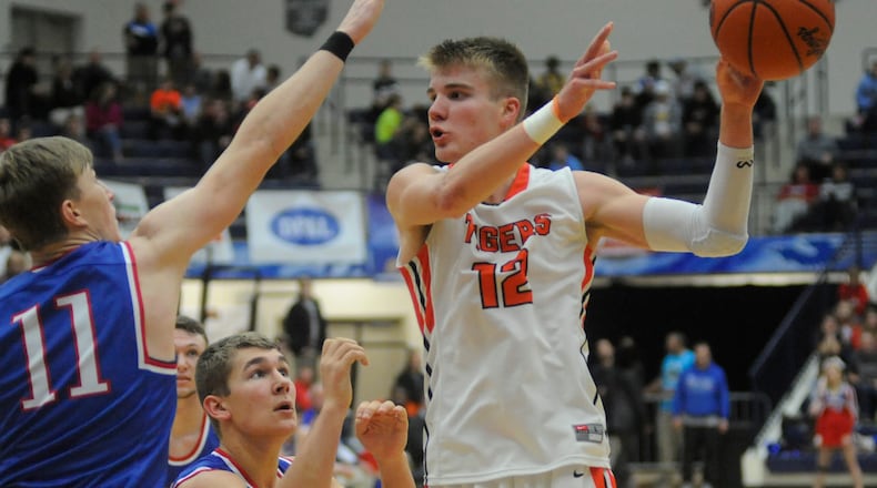 Versailles junior and OSU commit Justin Ahrens scored 26 points in a 61-56 defeat of Tri-Village during Day 4 of the Premier Health Flyin’ to the Hoop at Trent Arena in Kettering on Monday, Jan. 16, 2017. MARC PENDLETON / STAFF