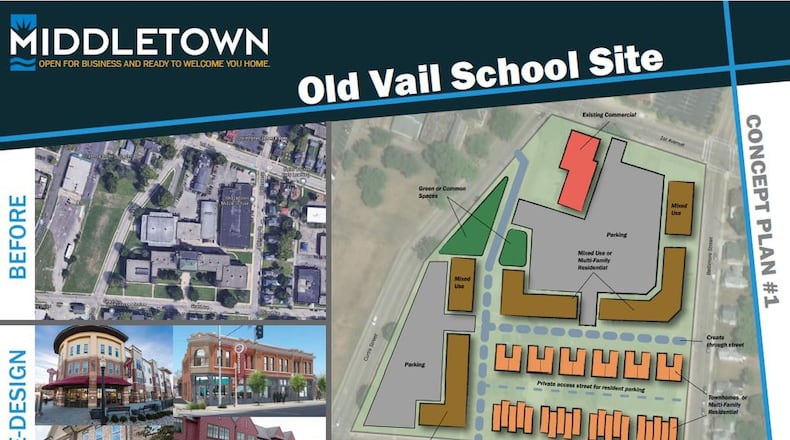 A proposed concept plan for the redevelopment of the former Middletown/Vail Middletown School in the Oakland Renaissance Incentive District with condominums, townhouses and rowhouses. City officials are considering moving forward to revitalize this neighborhood with new investment and development as well as encouraging residents to improve their homes. CONTRIBUTED/CITY OF MIDDLETOWN