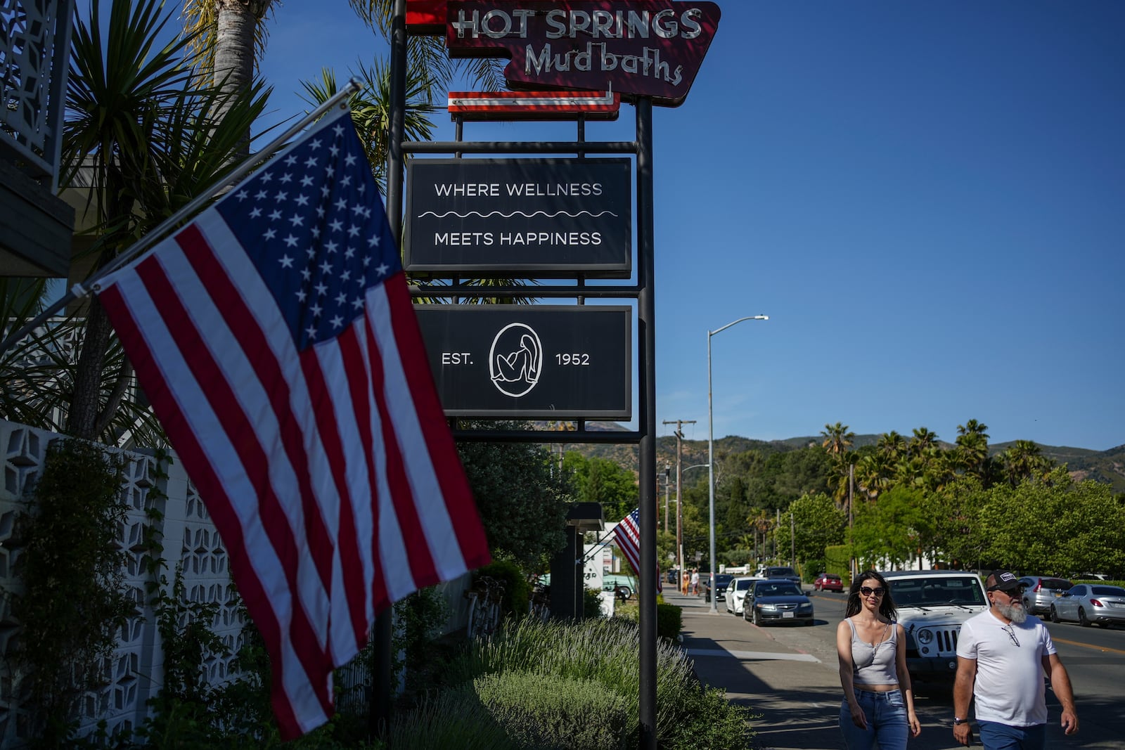 A sign for a hot spring is displayed on Tuesday, May 27, 2025, in Calistoga, Calif. (AP Photo/Annika Hammerschlag)