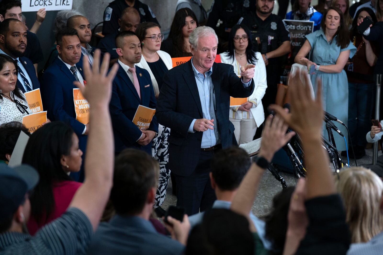 Sen. Chris Van Hollen, D-Md., speaks during a news conference upon his arrival from meeting with Kilmar Abrego Garcia in El Salvador, at Washington Dulles International Airport, in Chantilly, Va., Friday, April 18, 2025, in Washington. (AP Photo/Jose Luis Magana)