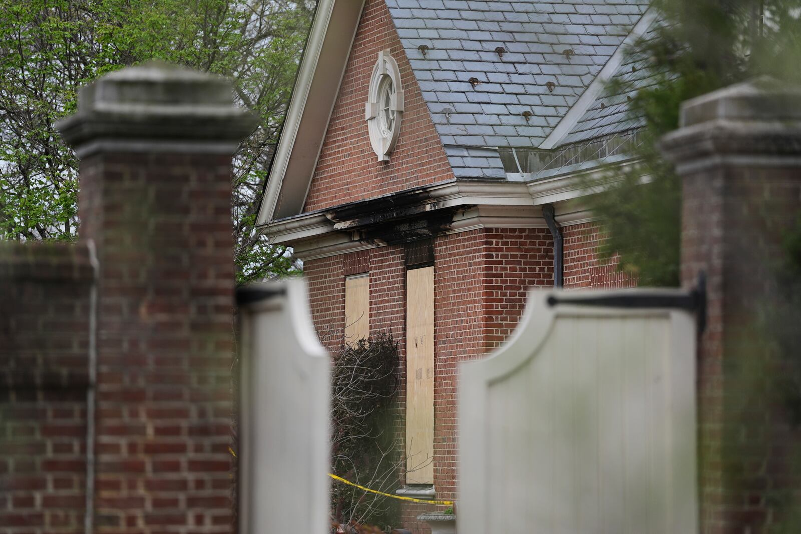 The aftermath of a fire can be seen at Pennsylvania governor's official residence in Harrisburg, Pa., Monday, April 14, 2025. (AP Photo/Matt Rourke)