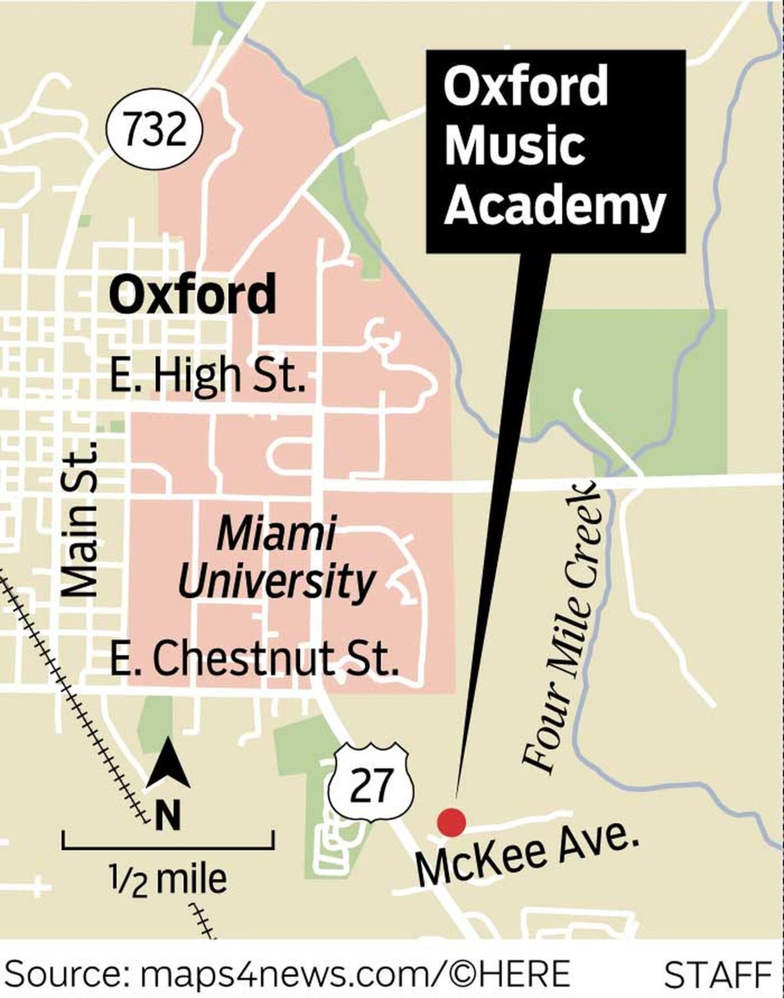 Oxford Music Academy is located in a residential neighborhood.