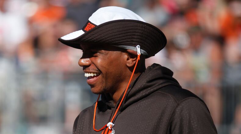Cleveland Browns wide receiver Terrelle Pryor laughs before the Orange and Brown Scrimmage on Friday, Aug. 7, 2015, at Ohio Stadium in Columbus. David Jablonski/Staff