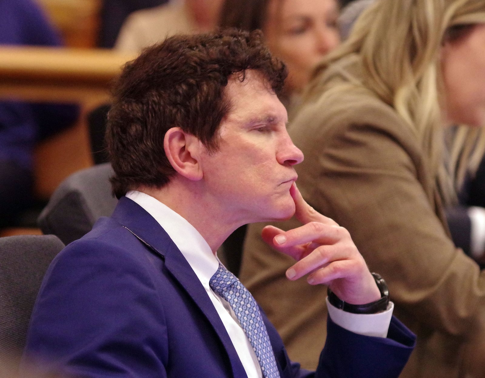 Defense attorney Robert Aleesi listens to the witness testimony of Jen McCabe during Karen Read's trial at Norfolk Superior Court in Dedham, Mass., Friday, May 2, 2025. (Mark Jarret Chavous/The Enterprise via AP, Pool)
