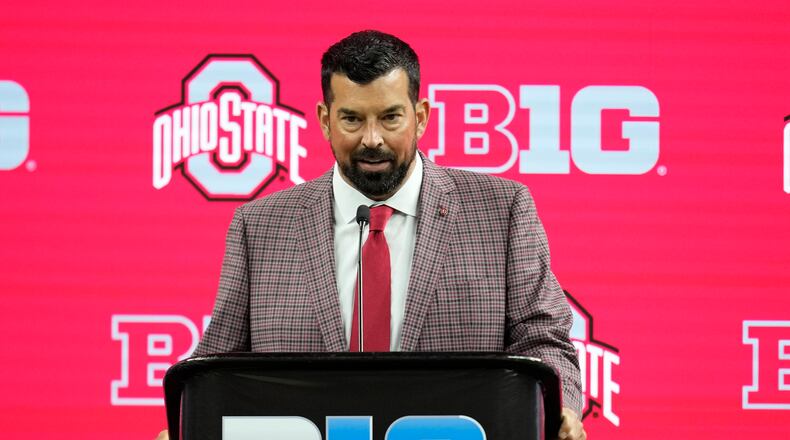 Ohio State head coach Ryan Day speaks during an NCAA college football news conference at the Big Ten Conference media days at Lucas Oil Stadium, Tuesday, July 23, 2024, in Indianapolis. (AP Photo/Darron Cummings)