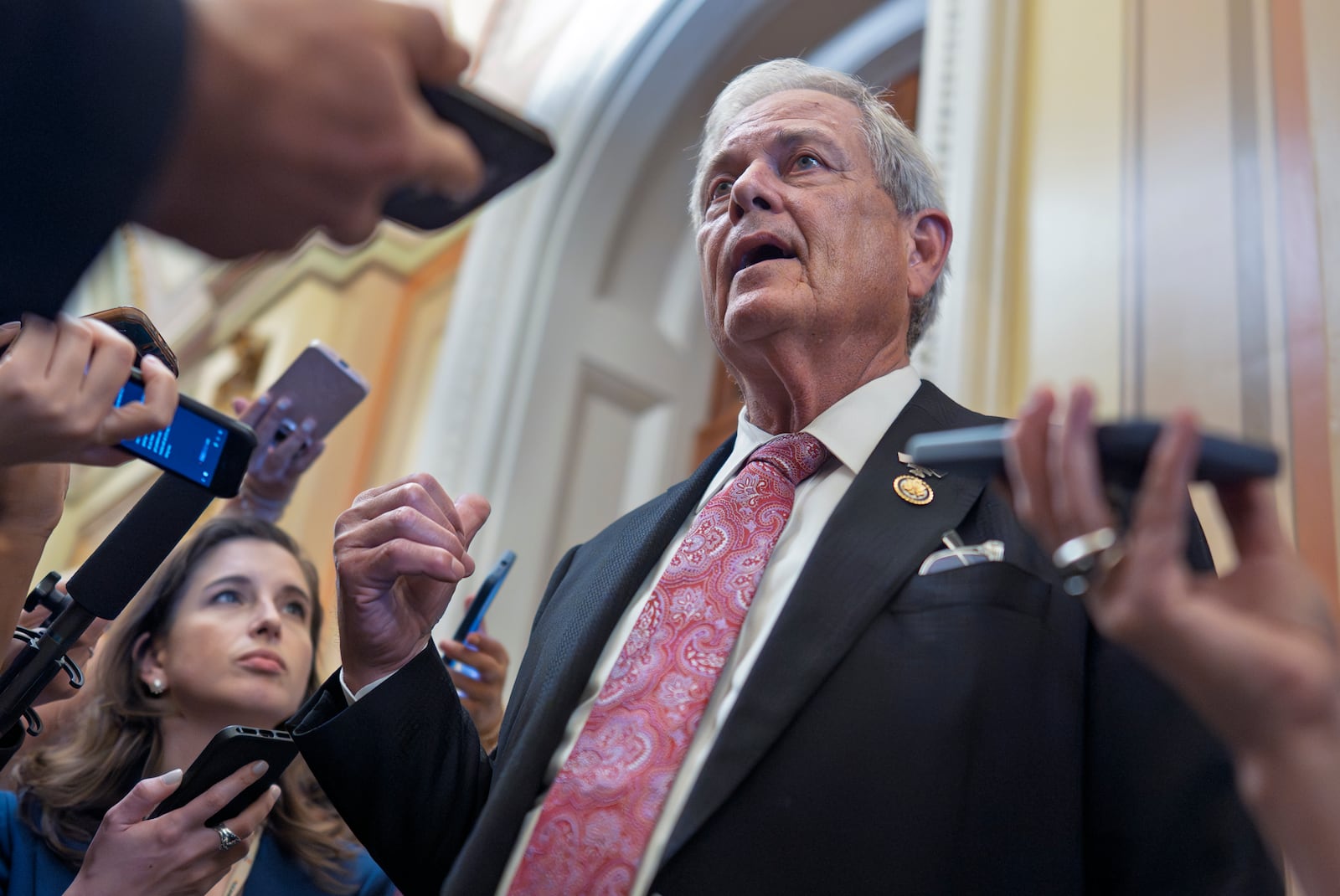 Rep. Ralph Norman, R-S.C., a member of the conservative House Freedom Caucus, speaks to reporters following his White House meeting as Republicans work to push President Donald Trump's signature bill of tax breaks and spending cuts across the finish line even as conservative and moderate GOP holdouts slow that effort, at the Capitol in Washington, Wednesday, July 2, 2025. (AP Photo/J. Scott Applewhite)