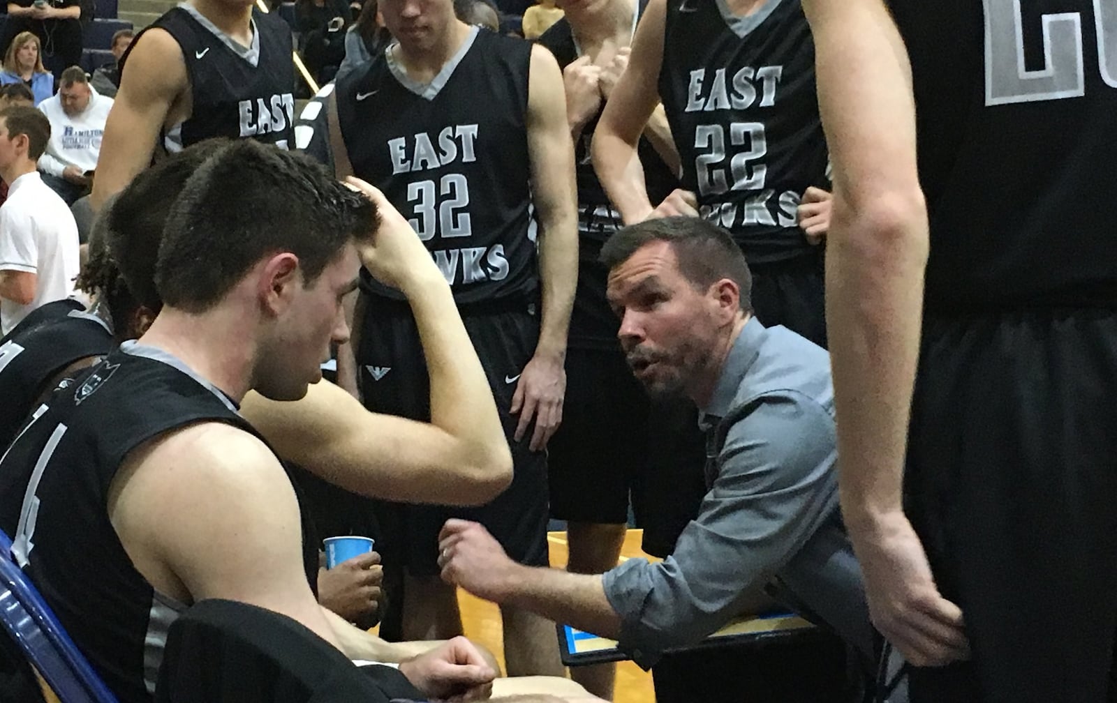 Lakota East coach Clint Adkins speaks to his team during a timeout in Friday night’s game against Hamilton at the Hamilton Athletic Center. RICK CASSANO/STAFF