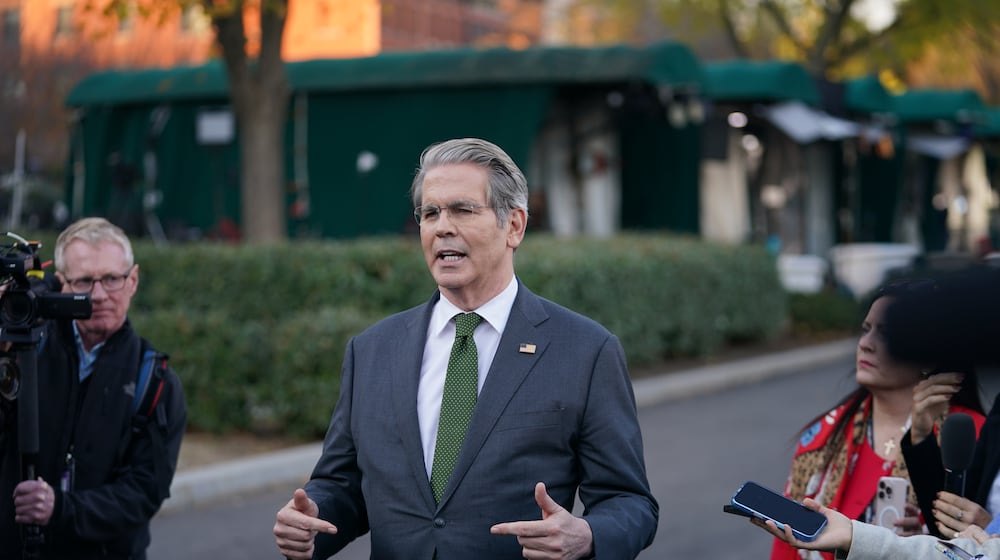 U.S. Secretary of the Treasury Scott Bessent speaks to reporters at the White House, Wednesday, Nov. 5, 2025, in Washington. (AP Photo/Allison Robbert)
