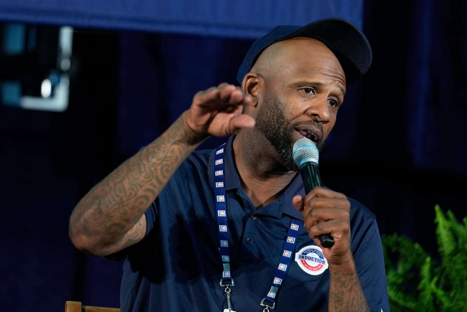 Baseball Hall of Fame inductee CC Sabathia speaks to reporters during a news conference in Cooperstown, N.Y., Saturday, July 26, 2025. (AP Photo/Seth Wenig)