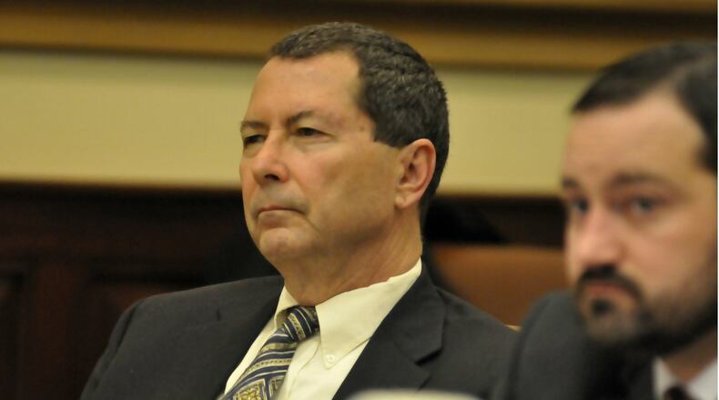 Pete Beck is set to be sentenced on Thursday after being found guilty two months earlier for his roll in Christopher Technologies. Pictured, Beck, 62, listens to testimony to a witness on April 30 during his criminal trial in Hamilton County Common Pleas Court in downtown Cincinnati.