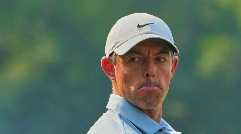 Rory McIlroy of Northern Ireland reacts during the DP World Tour Championship golf tournament in New Delhi, India, Thursday, Oct. 16, 2025. (AP Photo/Manish Swarup)