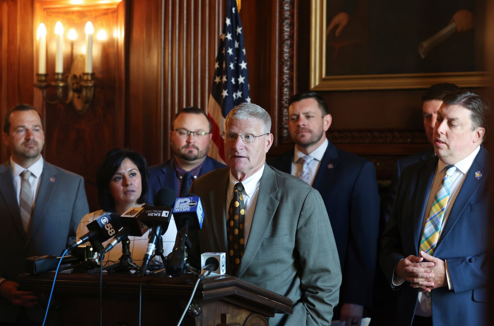 Sen. Howard Marklein, R-Spring Green, speaks during a news conference before a Joint Finance Committee hearing at the state Capitol in Madison, Wis. Tuesday, July 1, 2025. (Amber Arnold /Wisconsin State Journal via AP)
