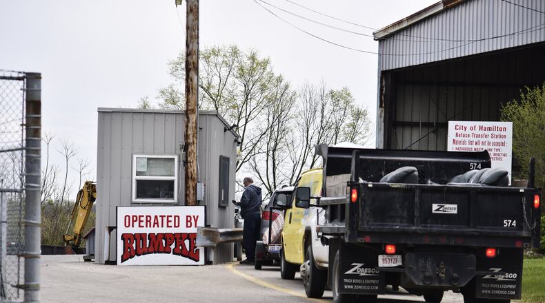 A line forms outside the Rumpke Refuse Transfer Station April 15 in Hamilton. NICK GRAHAM / STAFF