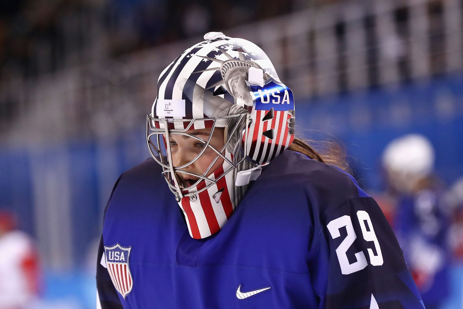 A detailed view of Nicole Hensley's mask for Team USA.
