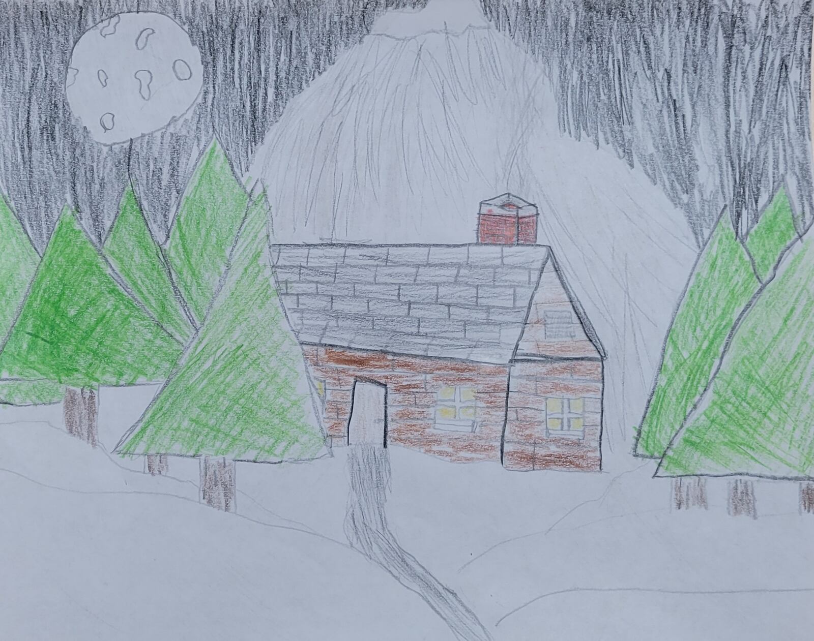 Nolan Hodgson went for the serene with his coloring contest entry of a snow scene with a house in woods. CONTRIBUTED