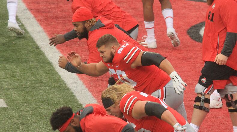 Josh Myers wears No. 50 in honor of his late grandpa, Donnie Myers, on Saturday, Nov. 21, 2020, at Ohio Stadium in Columbus. David Jablonski/Staff