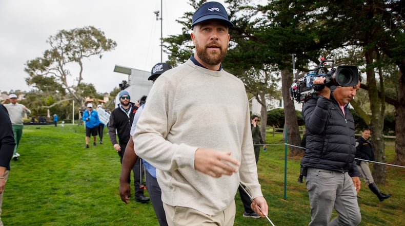 Travis Kelce of the Kansas City Chiefs plays in the second round of the AT&T Pebble Beach Pro-Am in Pebble Beach, Calif., on Friday, Feb. 13, 2026. (Santiago Mejia/San Francisco Chronicle via AP)