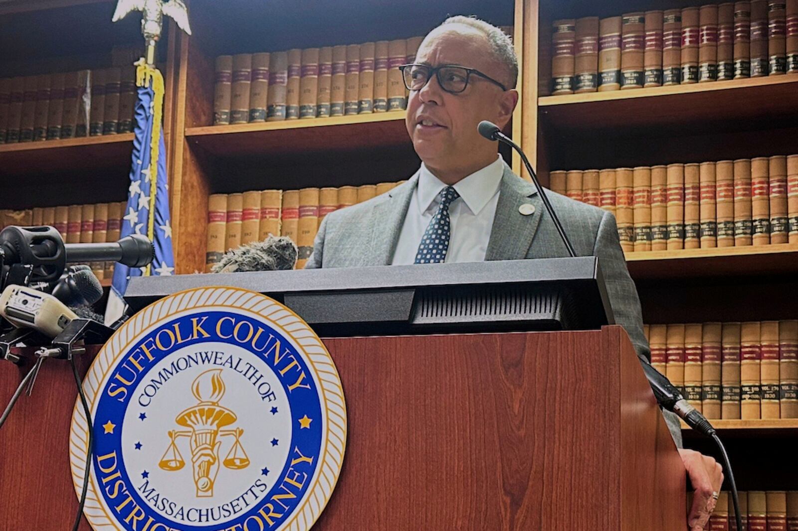 FILE - Suffolk County District Attorney Kevin Hayden speaks about the U.S. Immigration and Customs Enforcement detaining a man while he was on trial during a news conference on Wednesday, April 2, 2025 in Boston (AP Photos/Michael Casey, File)