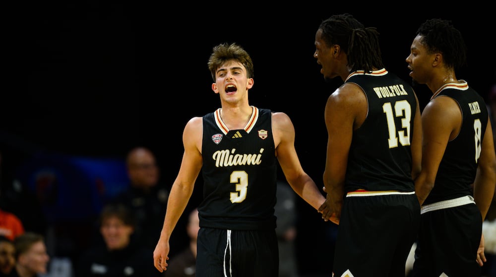Miami University's Luke Skaljac celebrates after making a basket and drawing a foul during their game against Bowling Green on Friday, Feb. 20, 2026 at Millett Hall. The RedHawks won 91-77. JEREMY MILLER / CONTRIBUTED PHOTO