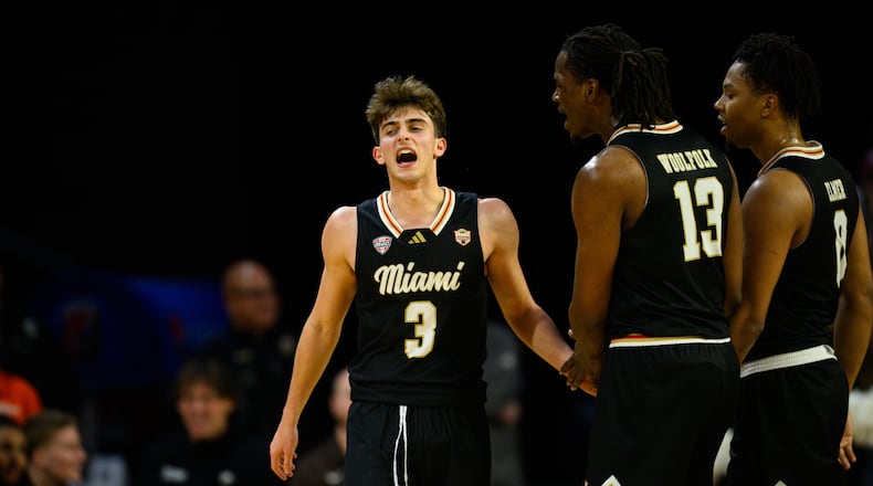Miami University's Luke Skaljac celebrates after making a basket and drawing a foul during their game against Bowling Green on Friday, Feb. 20, 2026 at Millett Hall. The RedHawks won 91-77. JEREMY MILLER / CONTRIBUTED PHOTO