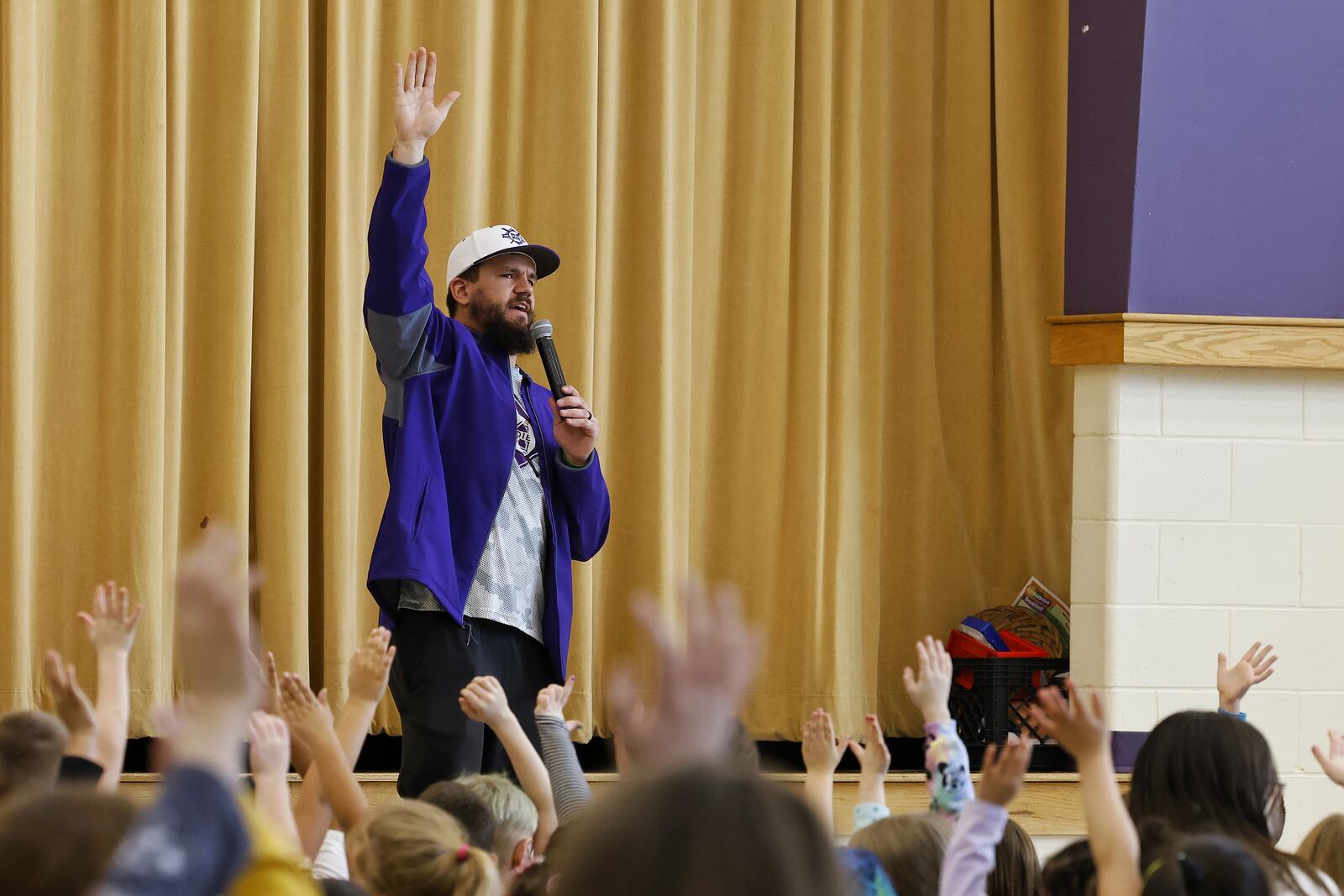 Major League Baseball player Kyle Schwarber speaks to students at Wildwood Elementary School about character and the Middie Way baseball program Tuesday, Feb. 14, 2022 in Middletown. NICK GRAHAM/STAFF