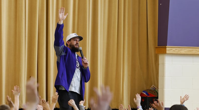 Major League Baseball player Kyle Schwarber speaks to students at Wildwood Elementary School about character and the Middie Way baseball program Tuesday, Feb. 14, 2022 in Middletown. NICK GRAHAM/STAFF
