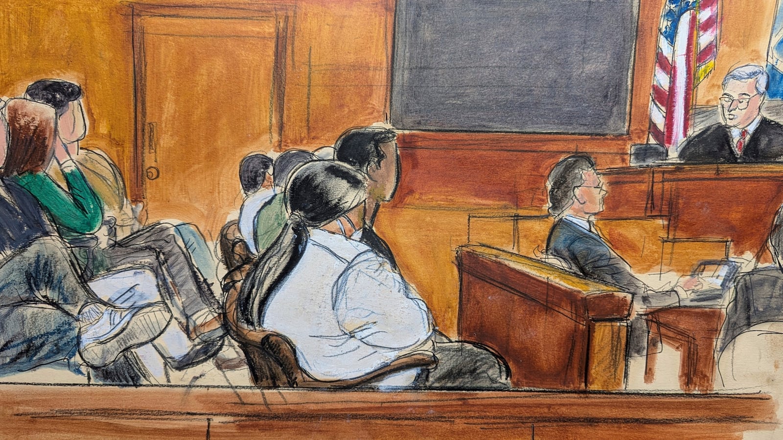 Judge Curtis Farber, right, reads the instructions regarding reaching a unanimous verdict to the jury, Monday, June 9, 2025, at Manhattan criminal court in New York. (Elizabeth Williams via AP)