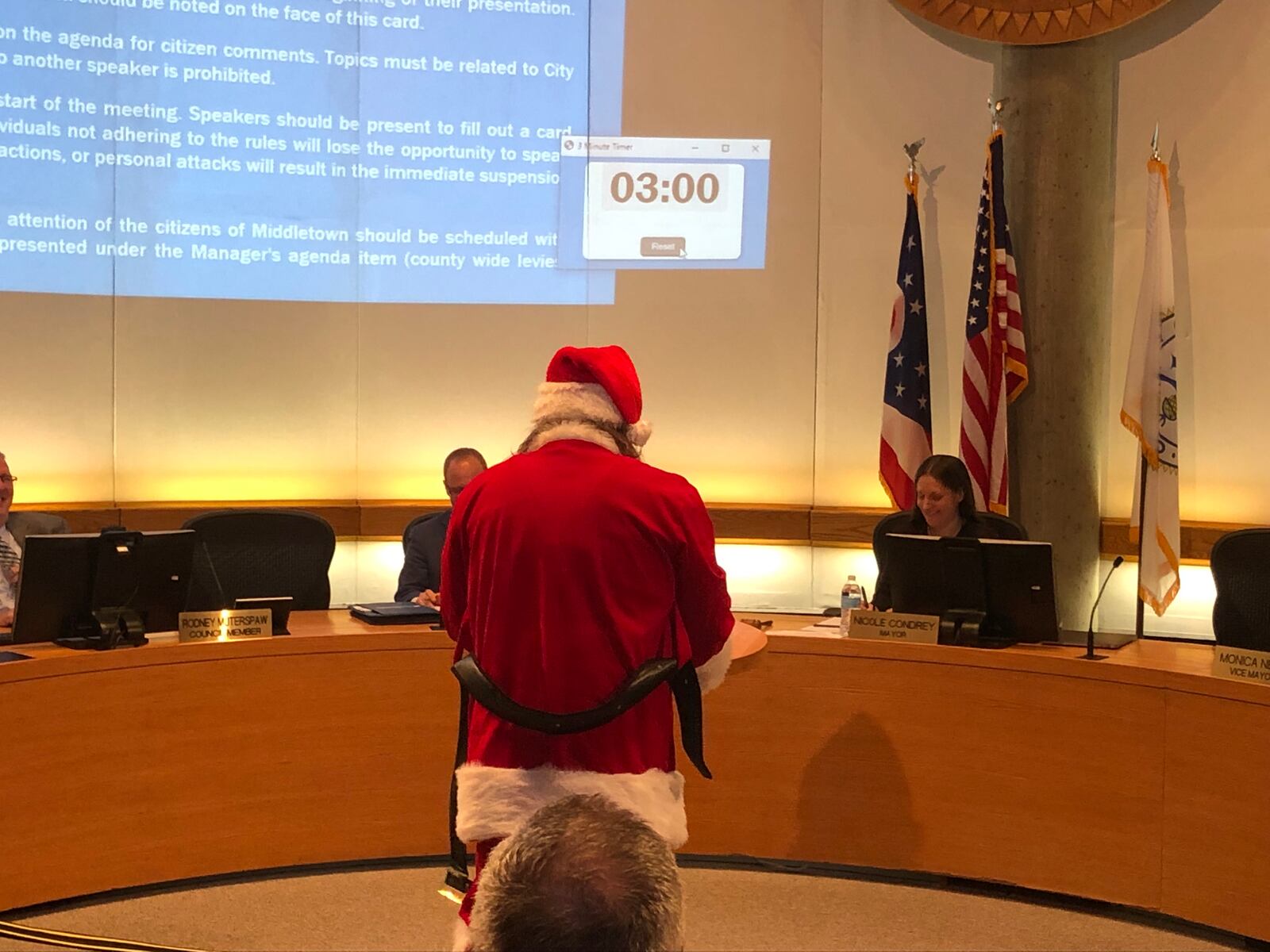 Santa showed up at Tuesday night's Middletown City Council meeting and encouraged council members to support Holiday Whopla. RICK McCRABB/STAFF