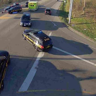 A driver was killed and two people were injured after a Mazda6 sideswiped an SUV, made a U-turn and then struck a Ford F‑150 head‑on in Liberty Twp. Saturday, March 21, 2026, Emergency crews shut down Ohio 747 in both directions as investigators processed the scene. PHOTO: OHIO DEPARTMENT OF TRANSPORTATION