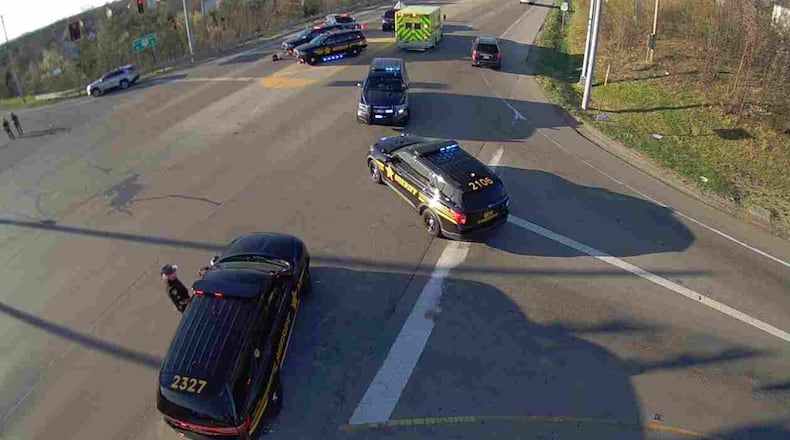 A driver was killed and two people were injured after a Mazda6 sideswiped an SUV, made a U-turn and then struck a Ford F‑150 head‑on in Liberty Twp. Saturday, March 21, 2026, Emergency crews shut down Ohio 747 in both directions as investigators processed the scene. PHOTO: OHIO DEPARTMENT OF TRANSPORTATION