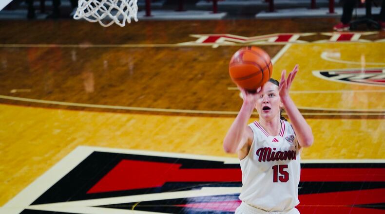 Miami's Amber Tretter (15) puts up a free throw on Saturday against Bowling Green at Millett Hall. Jordan Phillips/CONTRIBUTED