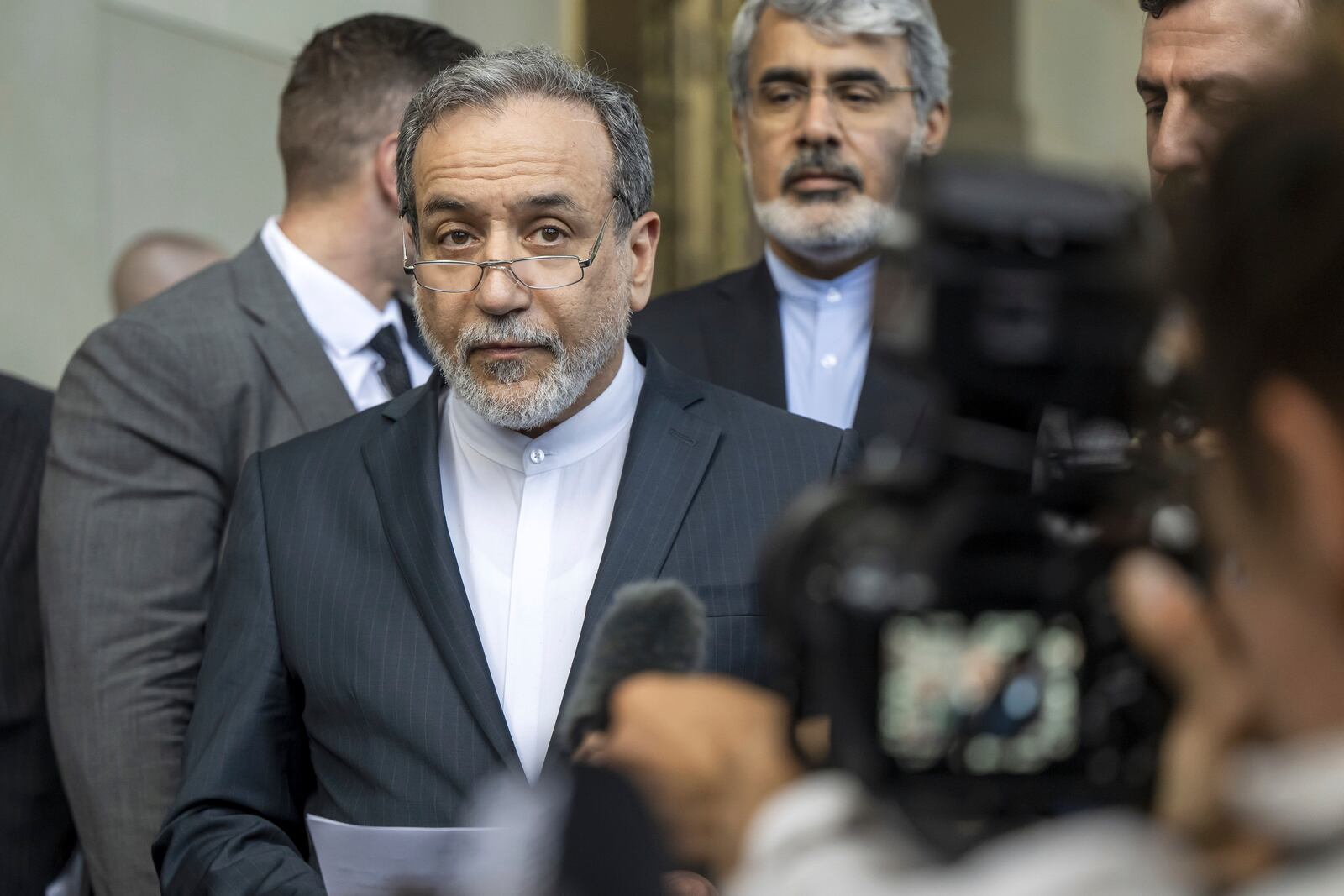 Iranian Foreign Minister Abbas Araghchi, speaks to the media after an Iran-EU nuclear meeting, in Geneva, Switzerland, Friday, June 20, 2025. (Martial Trezzini/Keystone via AP)
