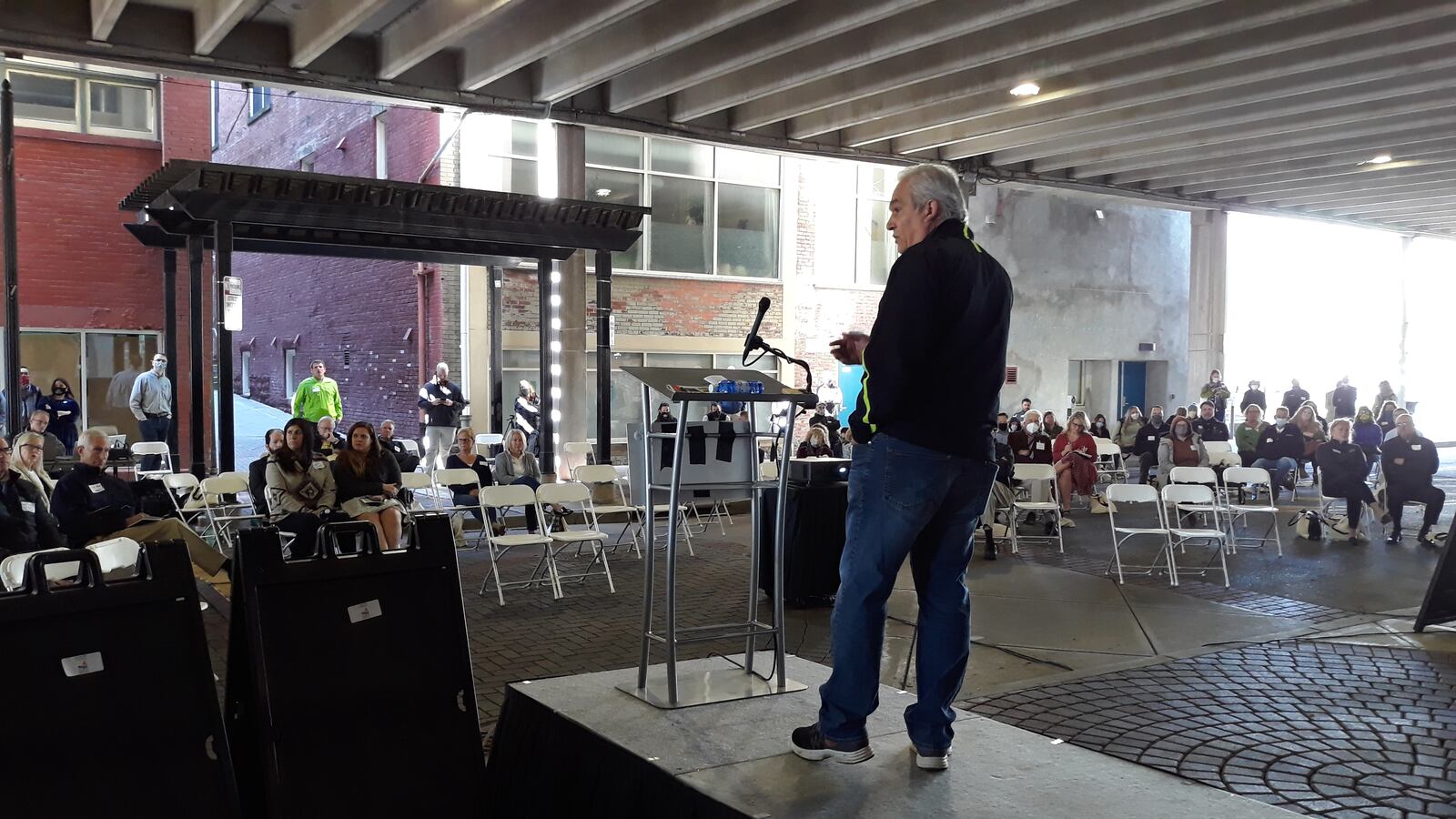 Sam Beiler, founder of Spooky Nook Sports Champion Mill, spoke Friday to a physically-distanced group of about 160 at the Great Miami Riverway Summit in Hamilton. MIKE RUTLEDGE/STAFF