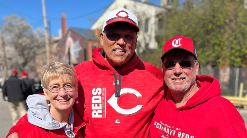 Kim Nuxhall (right) is pictured with his wife Bonnie and Anthony Muñoz (center). Muñoz, who started his foundation in 2002, will honor Kim Nuxhall with the Jim and Cheryl Semon Impact Award in June for his work in the community with the Nuxhall Foundation. PROVIDED