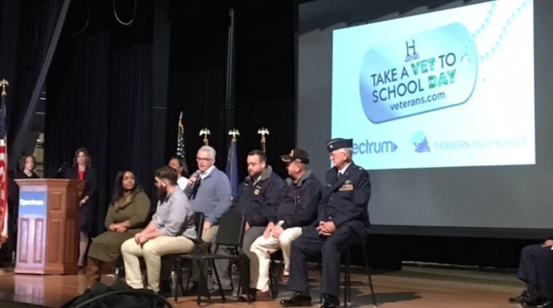 Seven veterans answered student questions at the “Take a Veteran to School Day” at Fairborn High School on Nov. 8, 2017. BARRIE BARBER/STAFF
