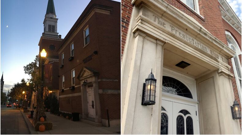 The Presbyterian Church in Hamilton (right) won an award for its outside attractiveness with fall decorations (left). MIKE RUTLEDGE / STAFF