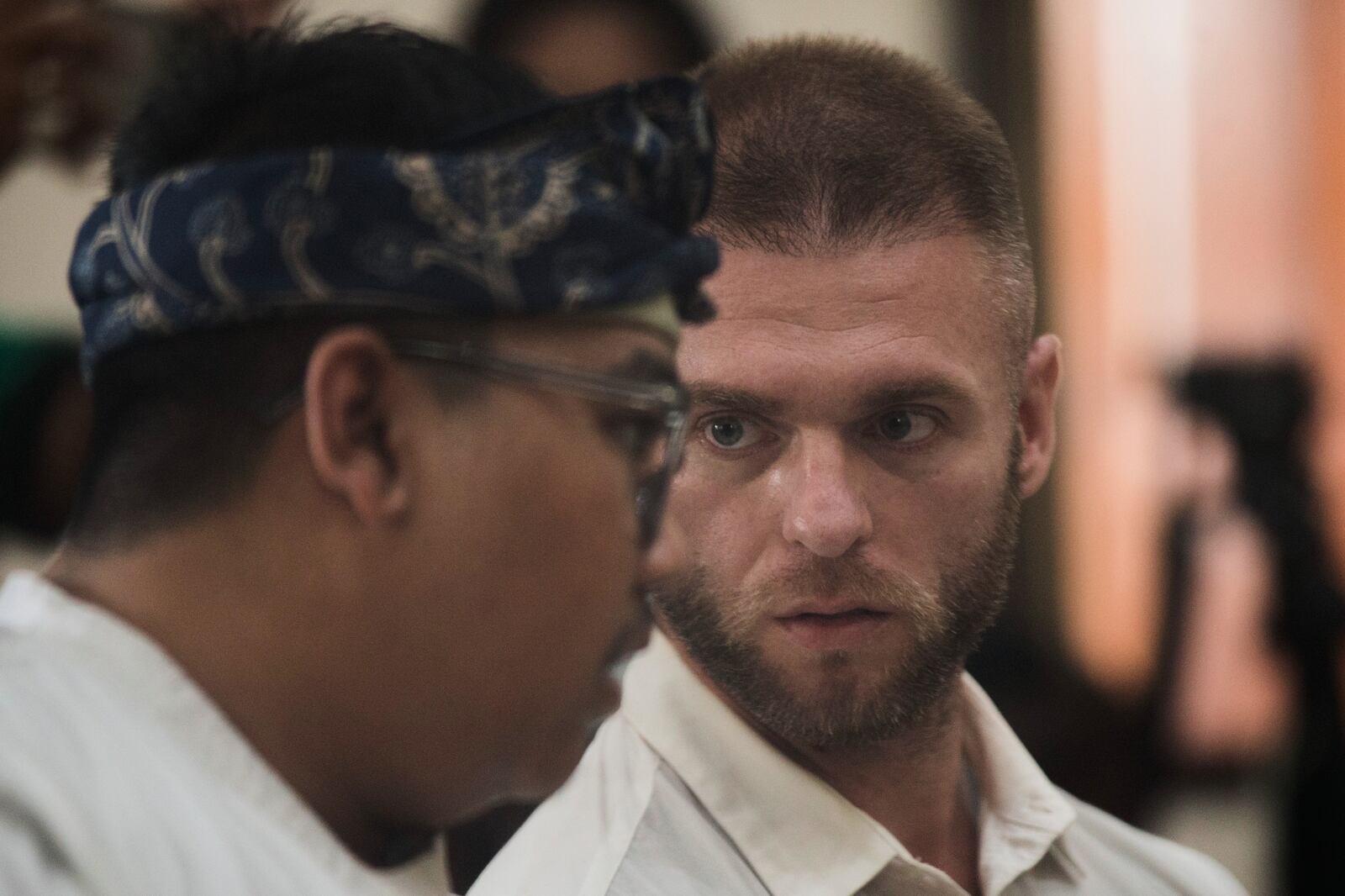 British citizen Thomas Parker sits on the defendant's chair before being sentenced for drug offenses, in Denpasar in Bali, Indonesia, Tuesday, May 27, 2025. (AP Photo/Firdia Lisnawati)